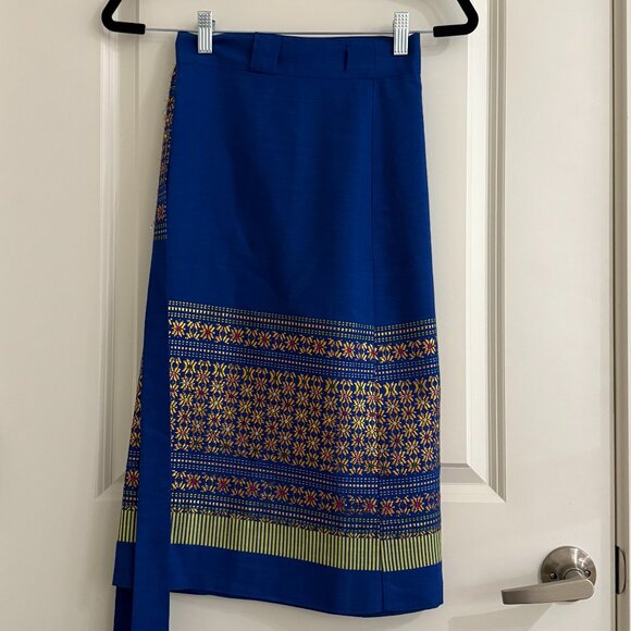 Flowy Adjustable Boho Wrap Skirt Metallic Flowers Blue Copper OS - Picture 2 of 6